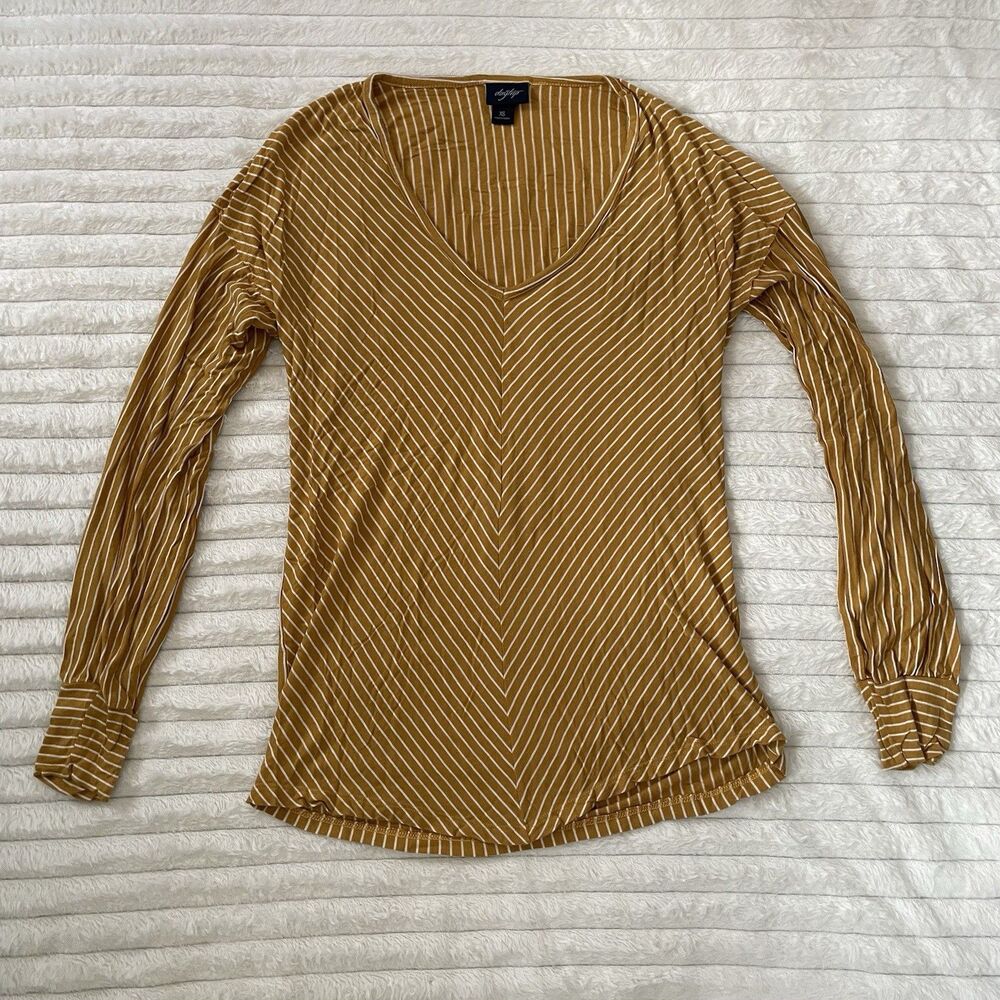 Daytrip Women's Yellow Mustard V-Neck Striped Top Blouse Rayon Size XS